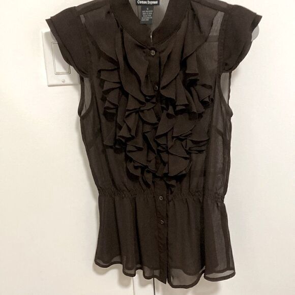 Cotton Express Women’s Semi Sheer Ruffle Button Front Blouse in Brown. Size S. - Picture 2 of 10